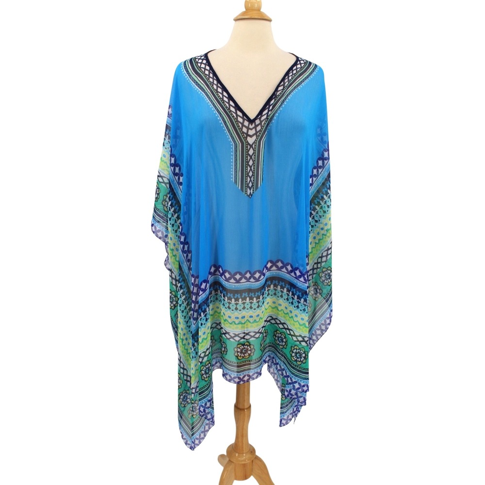 Catherines Kaftan Tunic one size Sheer Blue V-Neck Flutter Sleeve Cover Up NWT